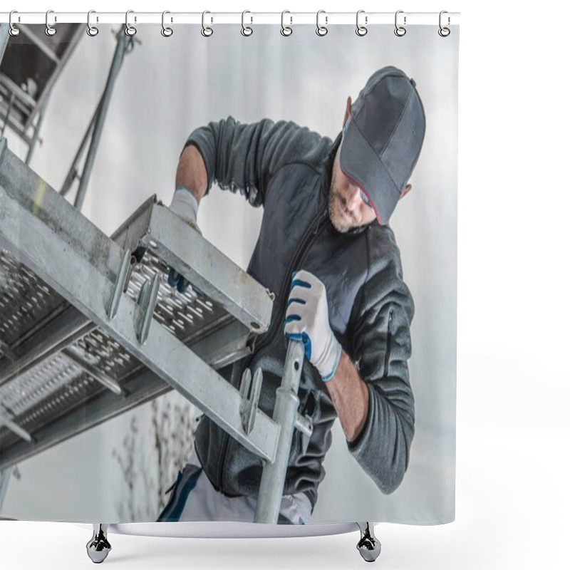 Personality  Caucasian Construction Worker Installing Scaffolding Elements.  Shower Curtains