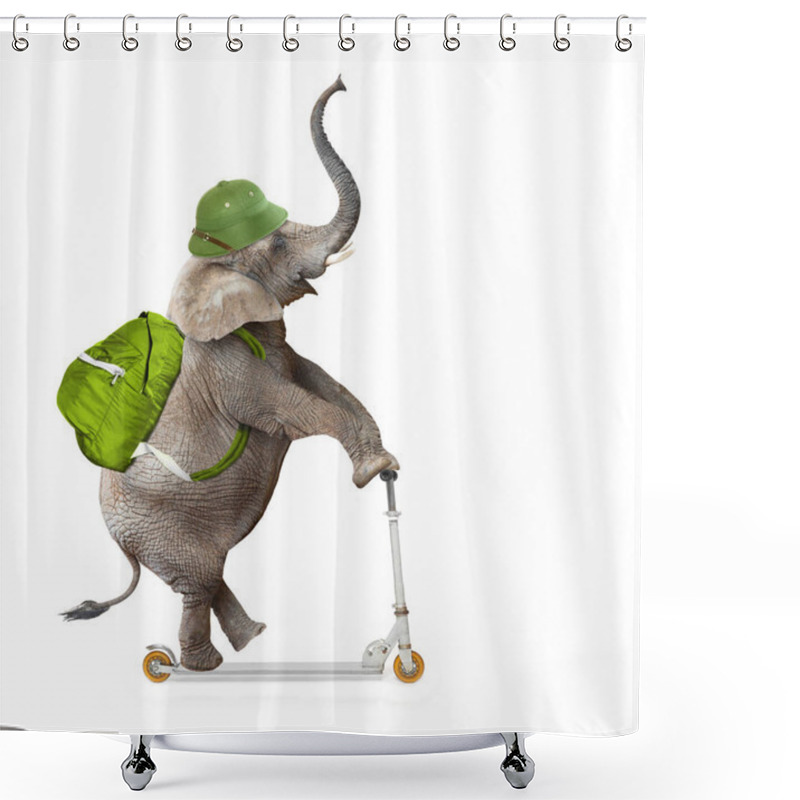 Personality  Happy Elephant As A Adventurer On Push Scooter. Shower Curtains