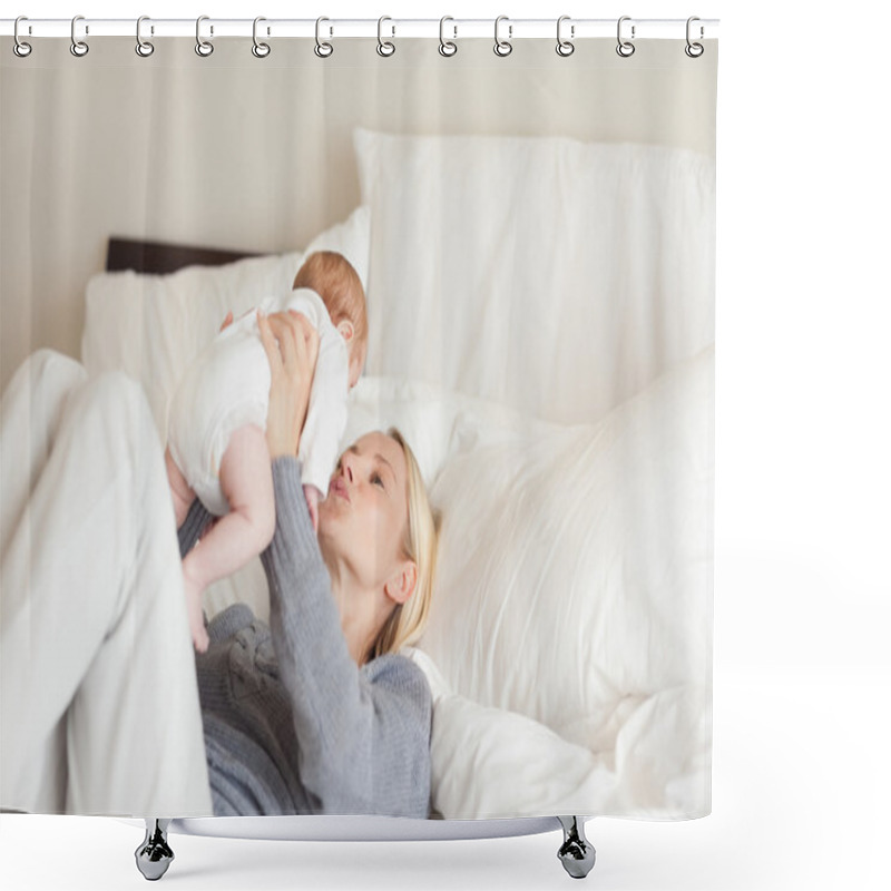 Personality  Young Mother Playing With Her Newborn Shower Curtains