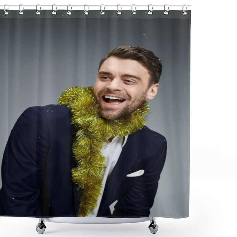 Personality  A Dapper Young Man In A Suit Joyfully Shows Off A Playful Expression With Festive Garland. Shower Curtains