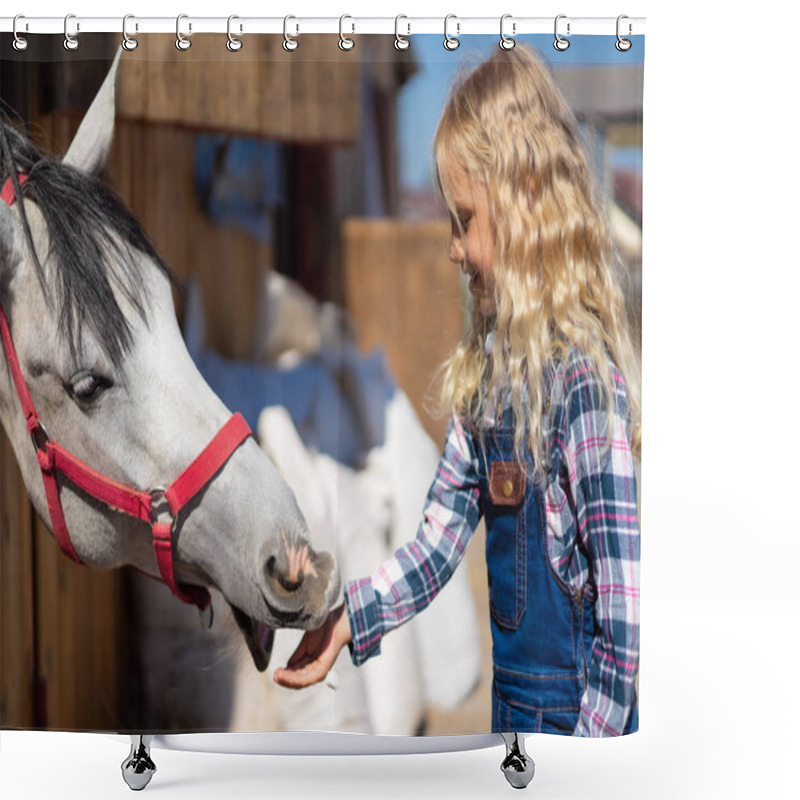 Personality  Side View Of Smiling Kid Feeding Horse At Farm Shower Curtains