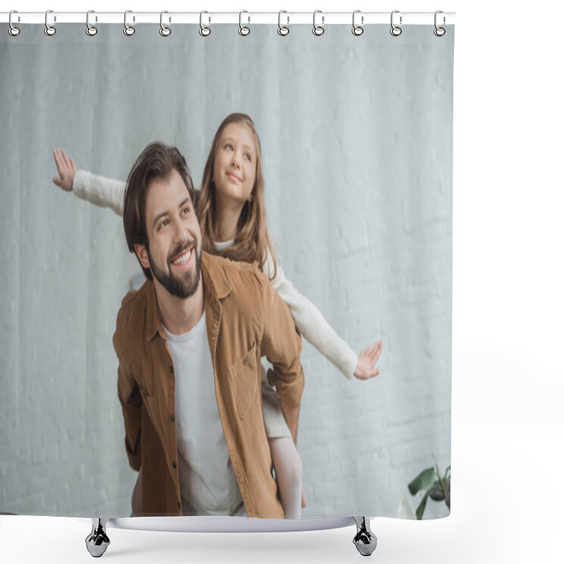 Personality  Happy Father Giving Piggyback To Daughter At Home And They Looking Away Shower Curtains