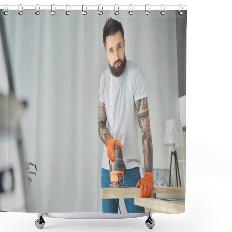 Personality  Handsome Bearded Tattooed Man Using Electric Jigsaw And Looking At Camera Shower Curtains