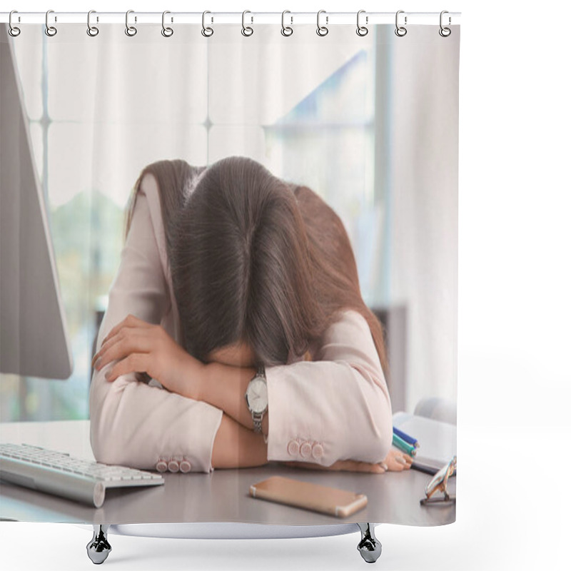 Personality  Woman Sleeping At Workplace Shower Curtains