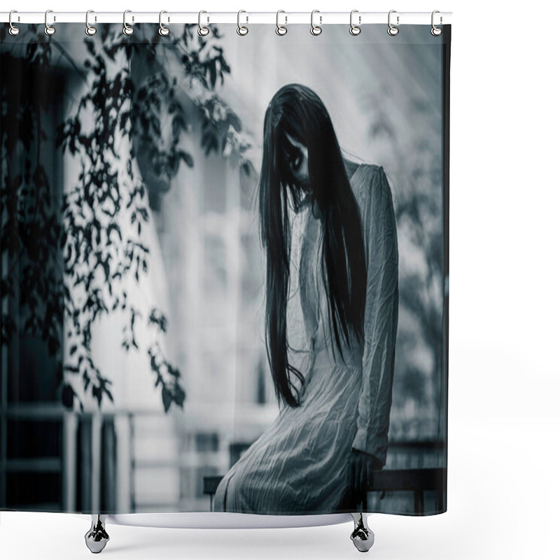 Personality  Portrait Of Asian Woman Make Up Ghost,Scary Horror Scene For Background,Halloween Festival Concept,Ghost Movies Poster Shower Curtains