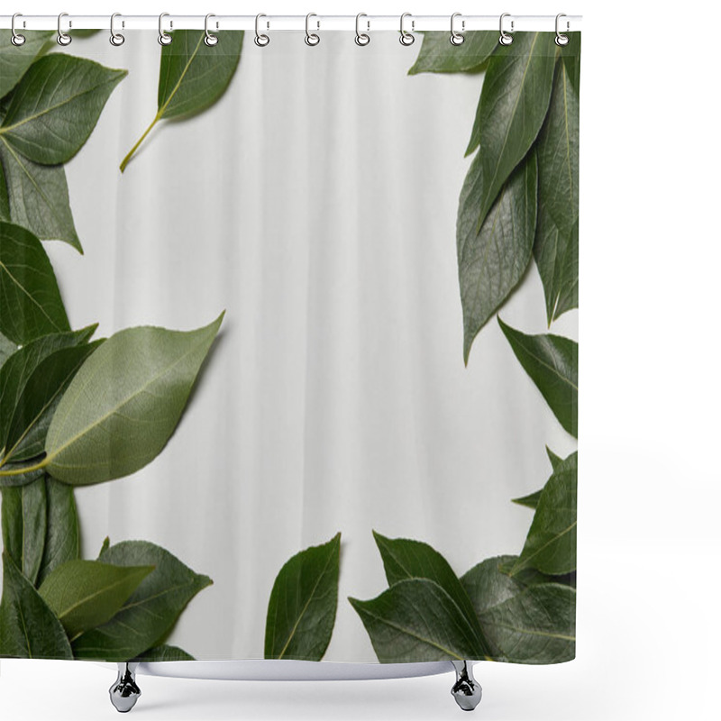 Personality  Green Fresh Leaves Scattered On White Background With Copy Space Shower Curtains