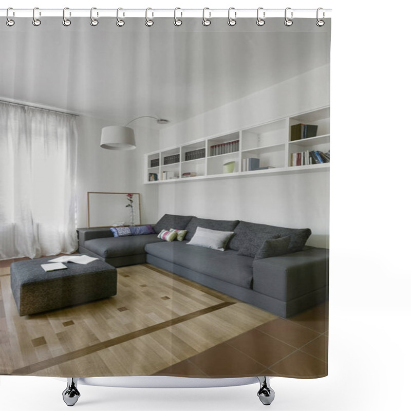 Personality  Interiors Shots Of A Modern Living Room Whose Floor Is Made Of Wood In Foreground The Gray Fabric Footrest And On The Bottom The Gray Fabric Sofa Shower Curtains