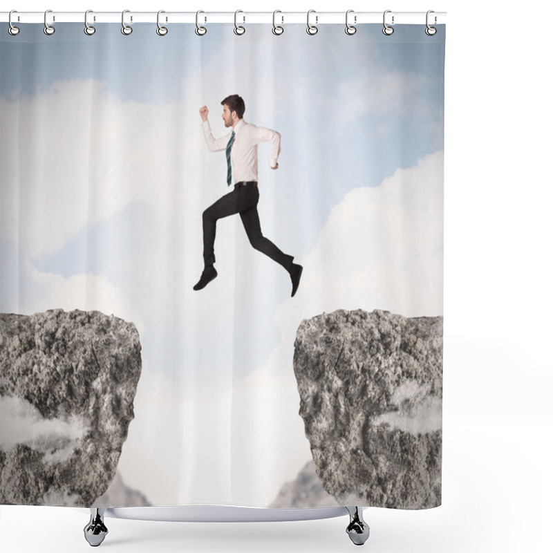 Personality  Funny Business Man Jumping Over Rocks With Gap Shower Curtains