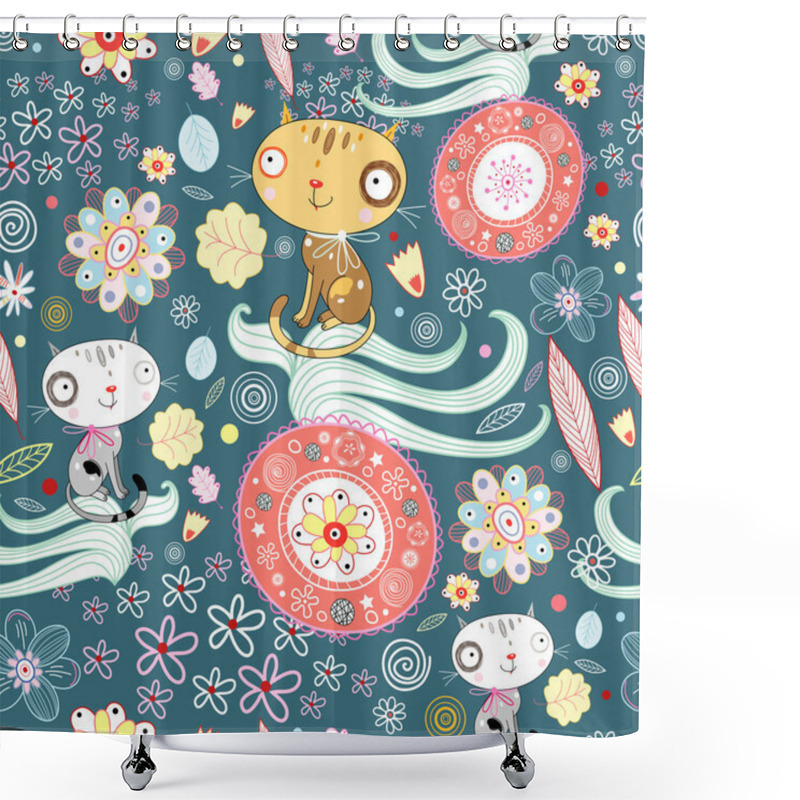 Personality  Flower Texture With Cats Shower Curtains