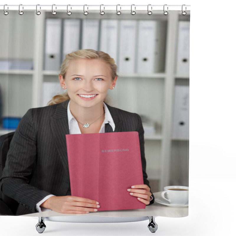 Personality  Young Confident Businesswoman Holding Application File At Desk Shower Curtains