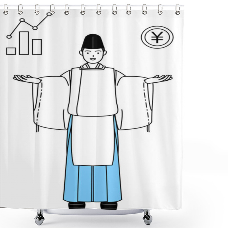 Personality  Priest Of The Shrine, Wearing A Eboshi And Kariginu, Guiding An Image Of DX, Performance And Sales Improvement, Vector Illustration Shower Curtains