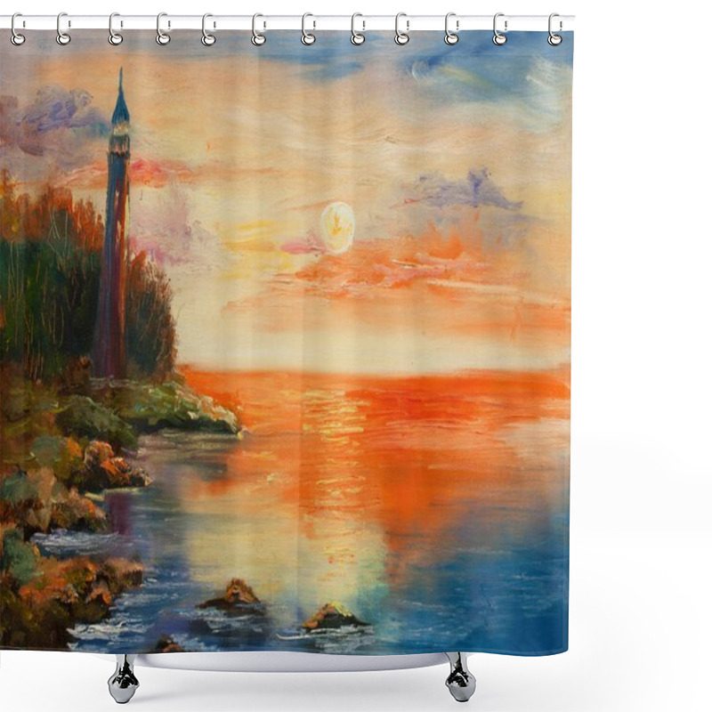 Personality  Old Lighthouse At Sunset Oil Painting Shower Curtains