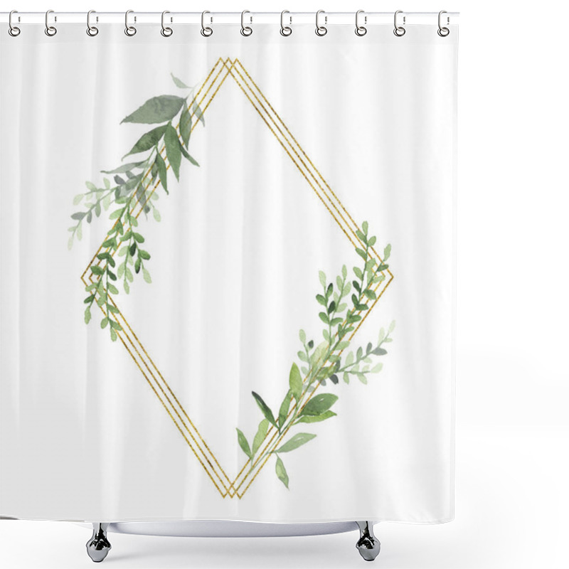 Personality  Watercolor Gold Geometrical Wreath With Greenery Leaves Branch Twig Plant Herb Flora Isolated On White Background. Botanical Spring Summer Leaf Decorative Illustration For Wedding Invitation Card Shower Curtains