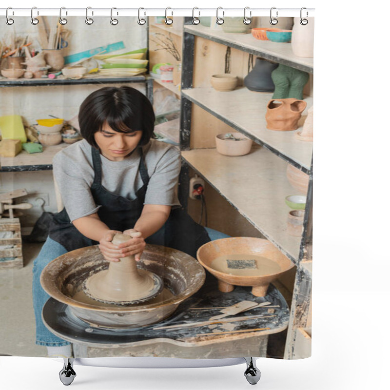 Personality  Young Asian Female Artisan In Apron Molding Wet Clay On Pottery Wheel Near Bowl With Water And Tools While Working In Ceramic Workshop, Pottery Tools And Equipment Shower Curtains