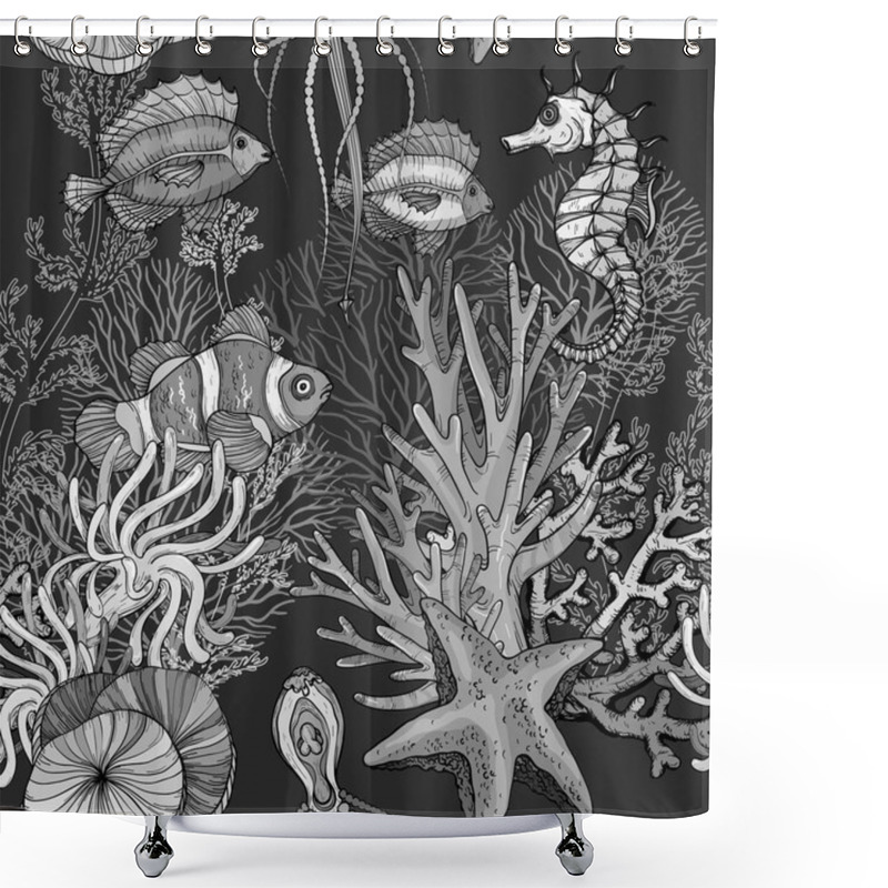 Personality  Seamless Pattern With Ocean Marine Life, Clown Fish In Anemones, Black And White Shower Curtains