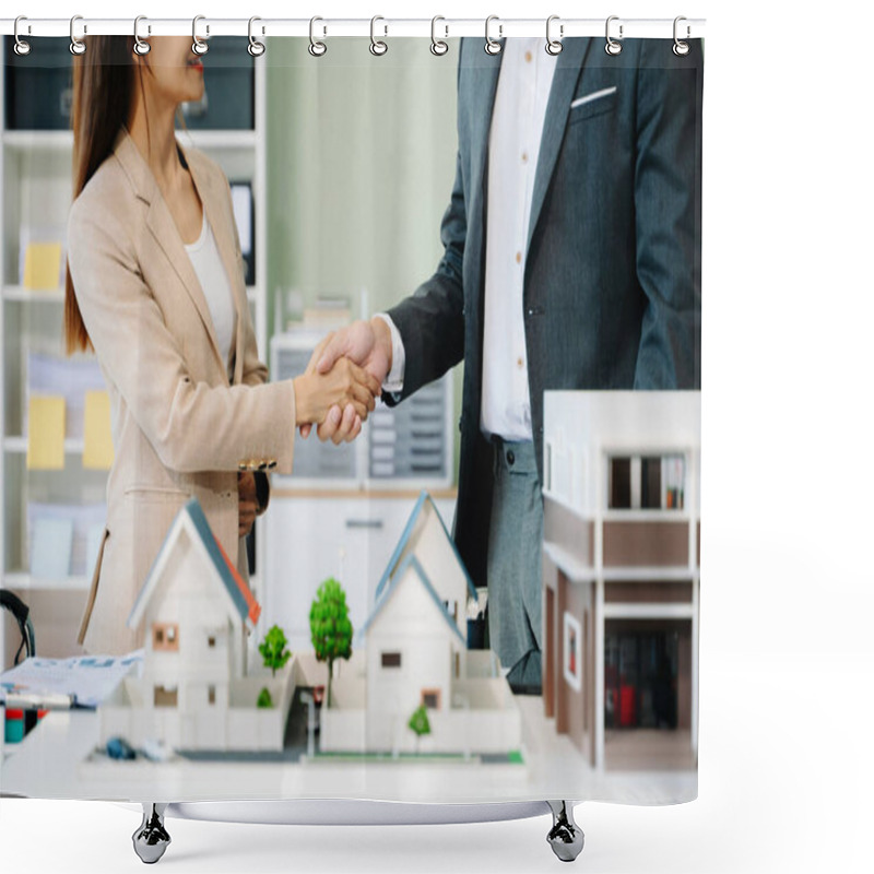 Personality  Modern Office Meeting Of Architects, Designers Or Developers Creating Innovative, Sustainable Housing Projects, Using Building Models In The Office, Shaking Hands  Shower Curtains