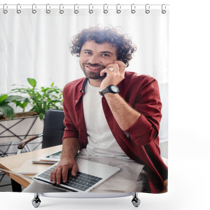 Personality  Young Man Using Digital Devices And Smiling At Camera In Office Shower Curtains