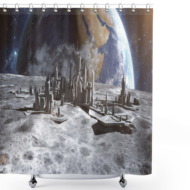 Personality  Futuristic City, Town On Moon. The Space View Of The Planet Earth. 3d Rendering Shower Curtains