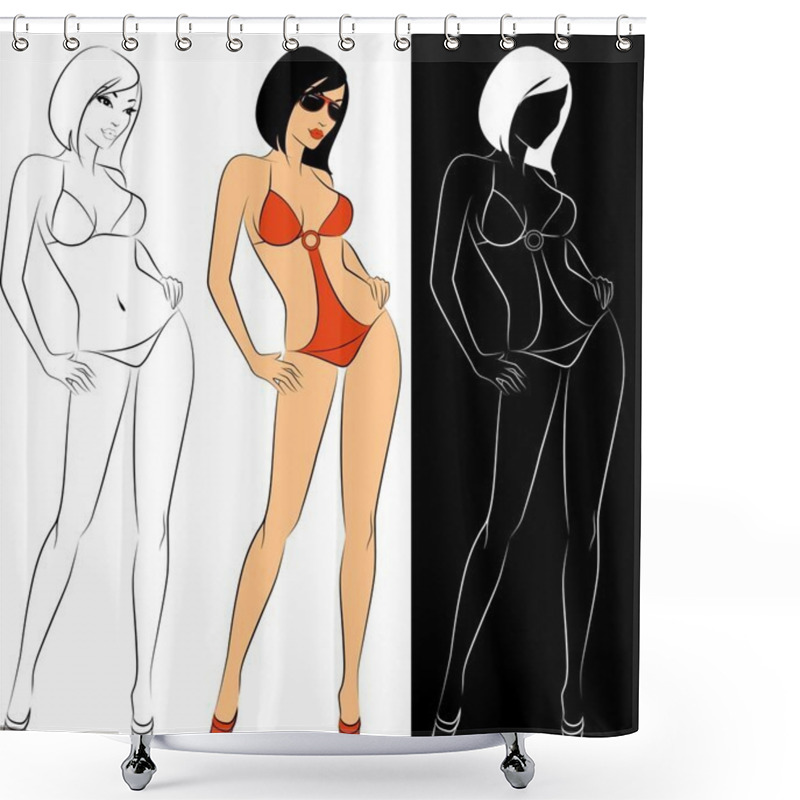 Personality  Set Of Silhouettes Of Beautiful Girls. Vector Shower Curtains