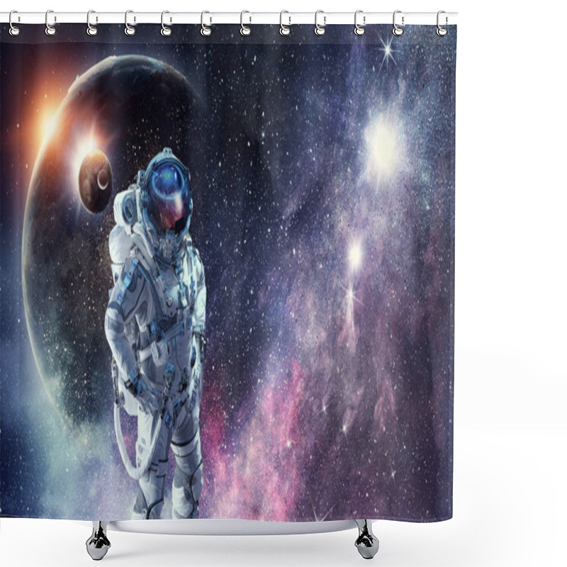 Personality  Spaceman And His Mission. Mixed Media Shower Curtains