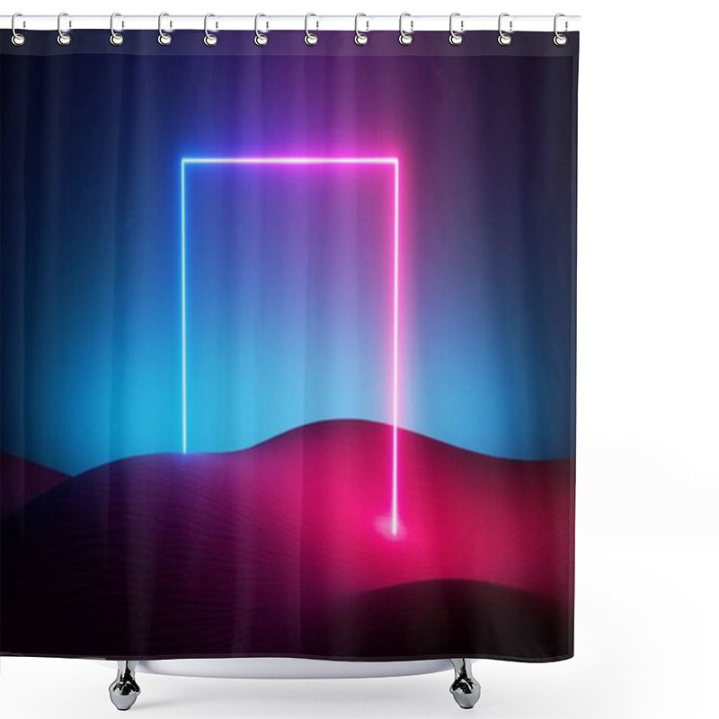 Personality  3d Render, Abstract Modern Minimal Neon Background. Glowing Square Frame In The Middle Of The Empty Desert. Futuristic Cover Mockup With Copy Space. Shower Curtains