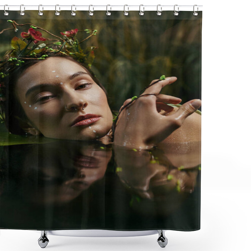 Personality  A Woman With A Floral Crown Poses In A Swamp, Her Reflection Visible In The Murky Water. Shower Curtains