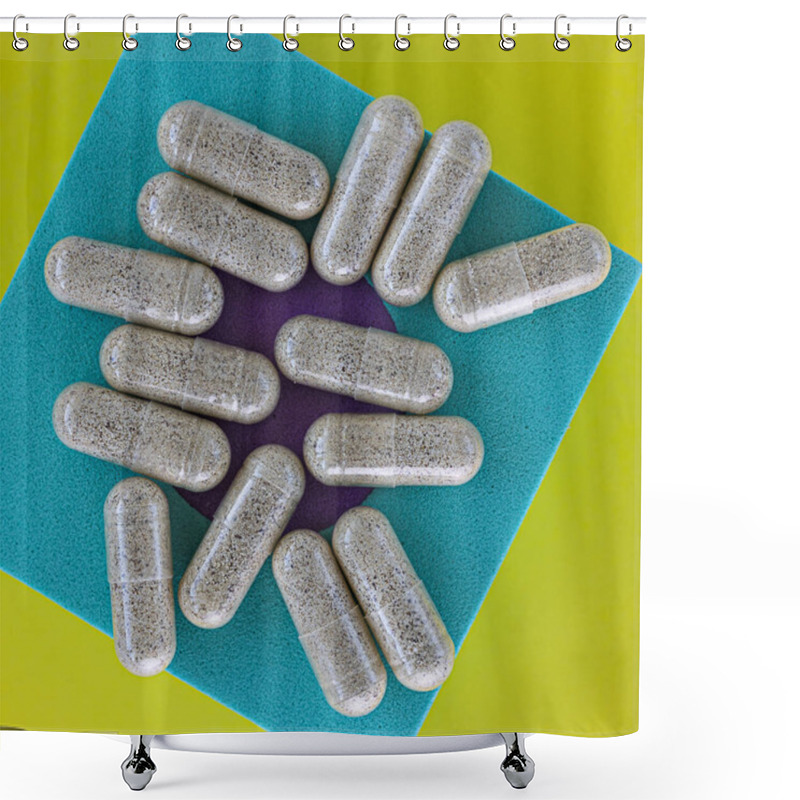 Personality  Close-up Of Super Enzymes Capsules. Dietary Concept. Dietary Supplement Topview. Shower Curtains