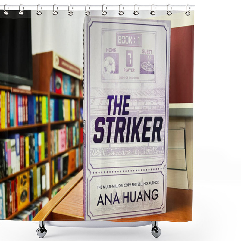 Personality  Lviv, Ukraine - February 20, 2025: The Striker By Ana Huang. Literary Themed Image Showcasing The Cover Of A Book Displayed In A Bookstore Shower Curtains