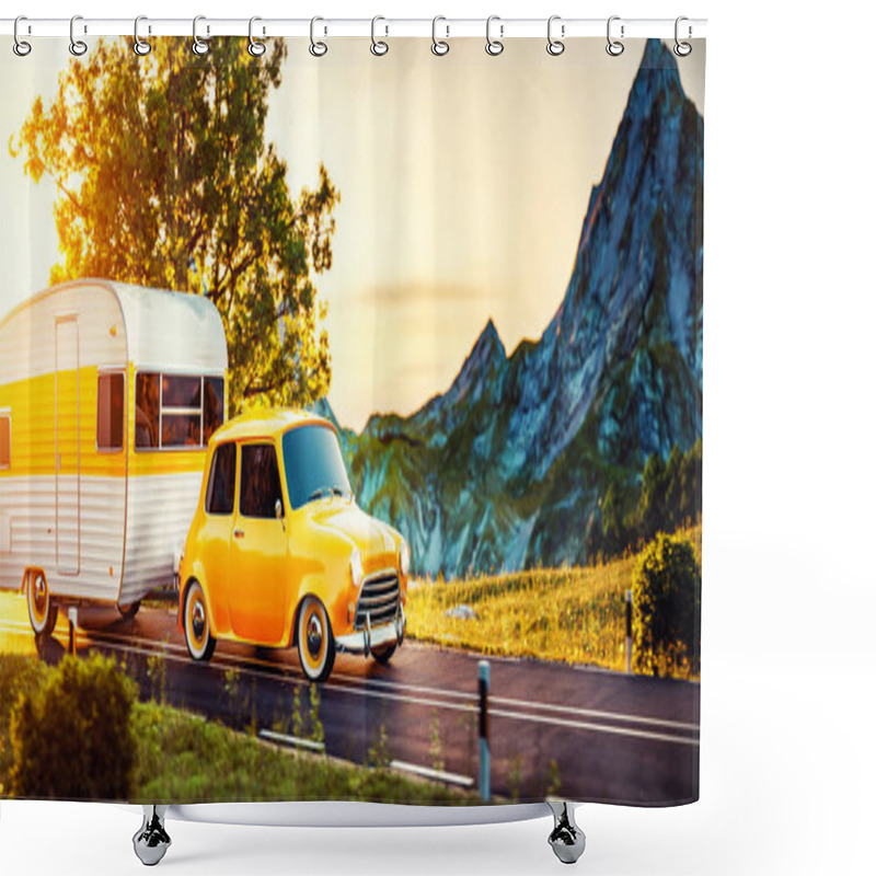 Personality  Retro Car With White Trailer. Unusual 3d Illustration Of A Classic Caravan. Camping And Traveling Concept Shower Curtains