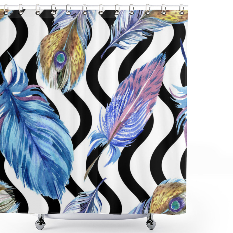 Personality  Colorful Feathers With Abstract Wavy Lines On White Background. Seamless Background Pattern. Fabric Wallpaper Print Texture. Shower Curtains