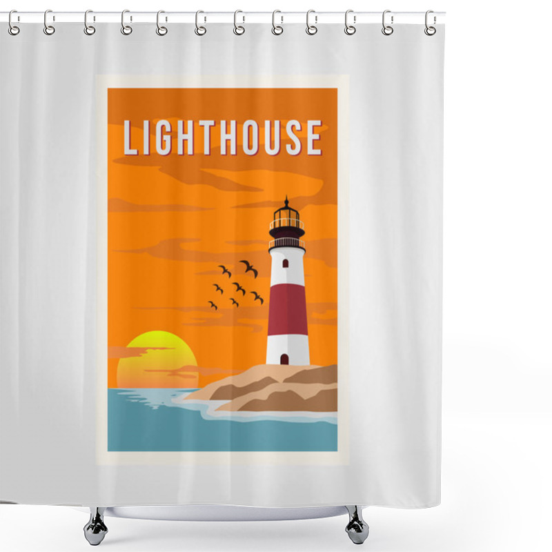 Personality  Vintage Poster Lighthouse On The Beach With Seagulls And Ocean On Background Vector Illustration Shower Curtains