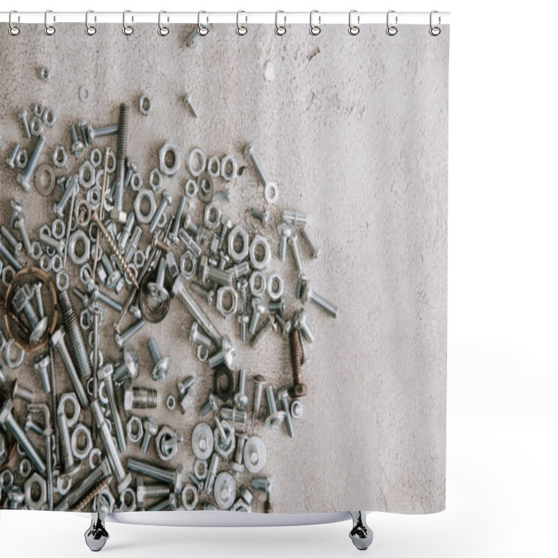 Personality  Top View Of Metal Screws And Nails Scattered On Grey Background Shower Curtains