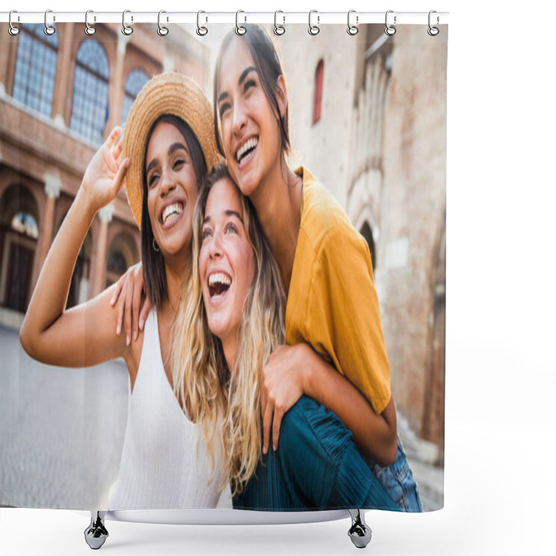 Personality  Mixed Race Female Friends Enjoying A Holiday Day Out Together. Happy Lifestyle, Youth And Young Females Concept Shower Curtains