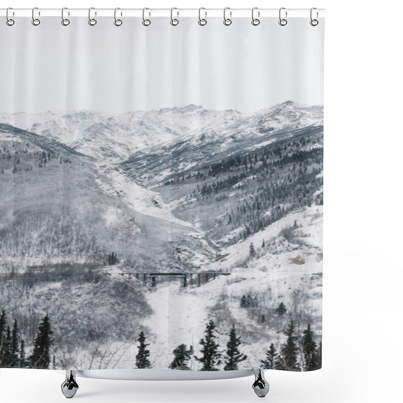 Personality  Snowy Mountain Landscape With Evergreens And A Bridge In The Distance. Shower Curtains