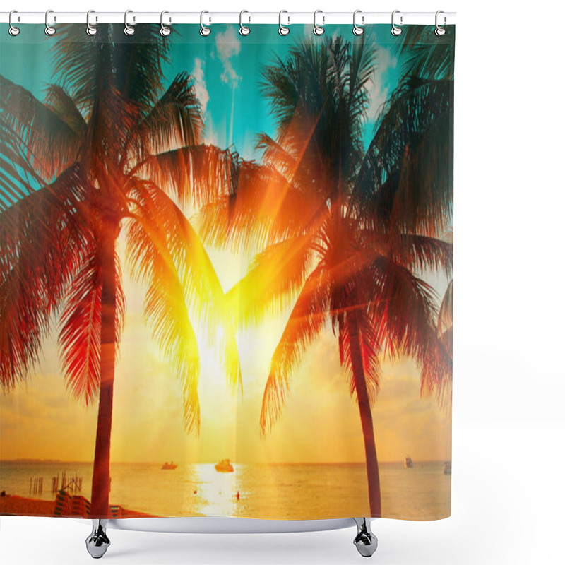 Personality  Sunset Beach With Tropical Palm Tree Over Beautiful Sky. Palms A Shower Curtains