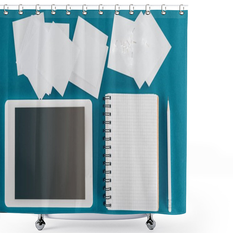 Personality  Top View Of Tablet With Blank Screen With Blank Papers And Pen Isolated On Blue Shower Curtains