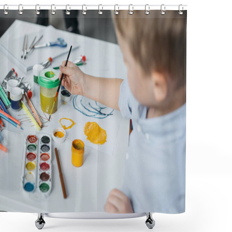 Personality  Selective Focus Of Little Boy With Brush And Paintings Drawing Picture Alone At Home Shower Curtains