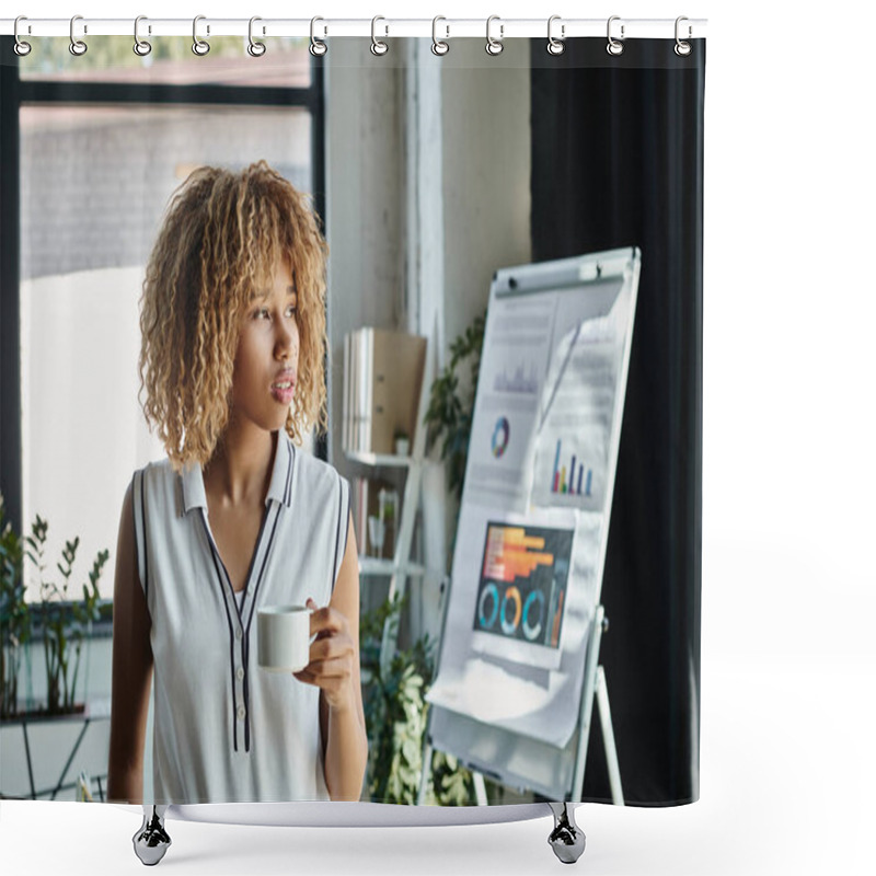 Personality  Curly African American Businesswoman With Braces Holding Cup Of Coffee Beside Charts And Graphs Shower Curtains