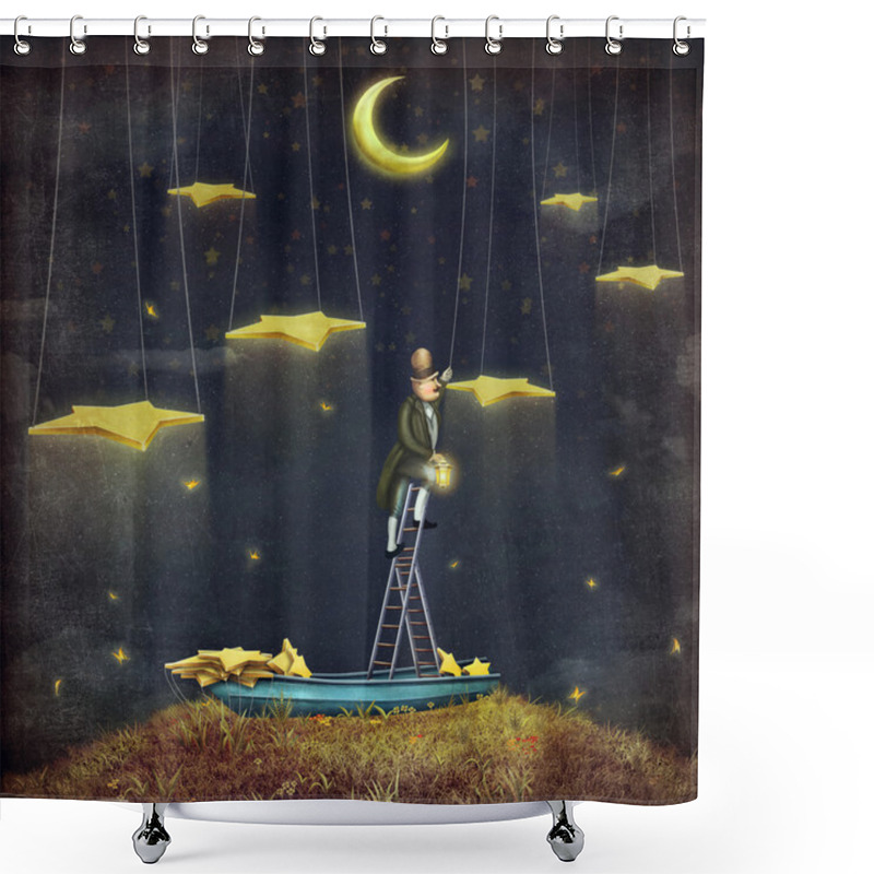 Personality  Man Reaching For Stars  At Top Of Tall Ladder Shower Curtains