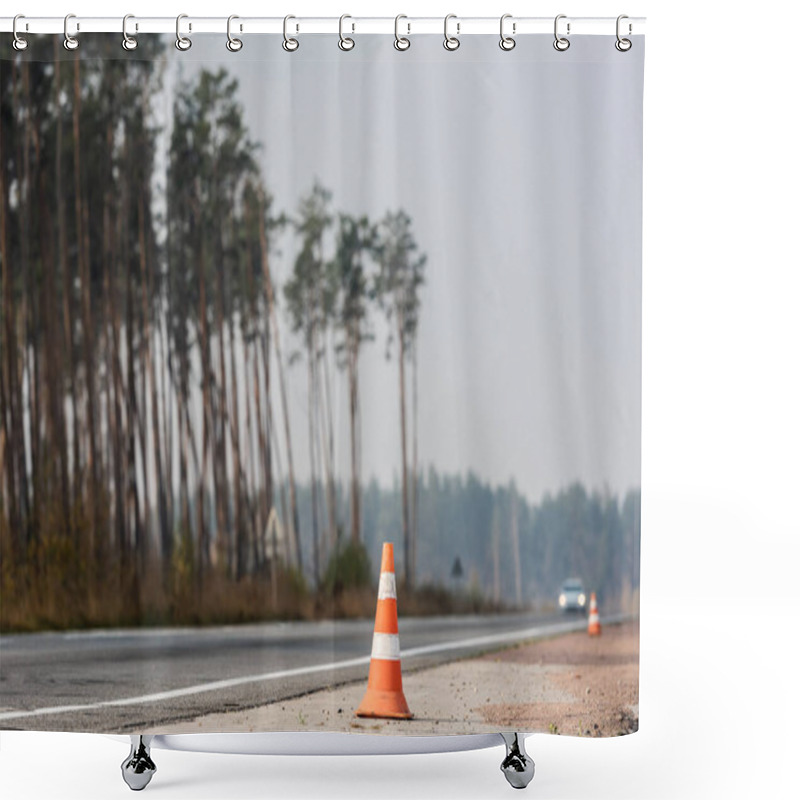 Personality  Roadwork Cones Near Highway With Car Moving With Lighting Headlamps In Ukraine Shower Curtains