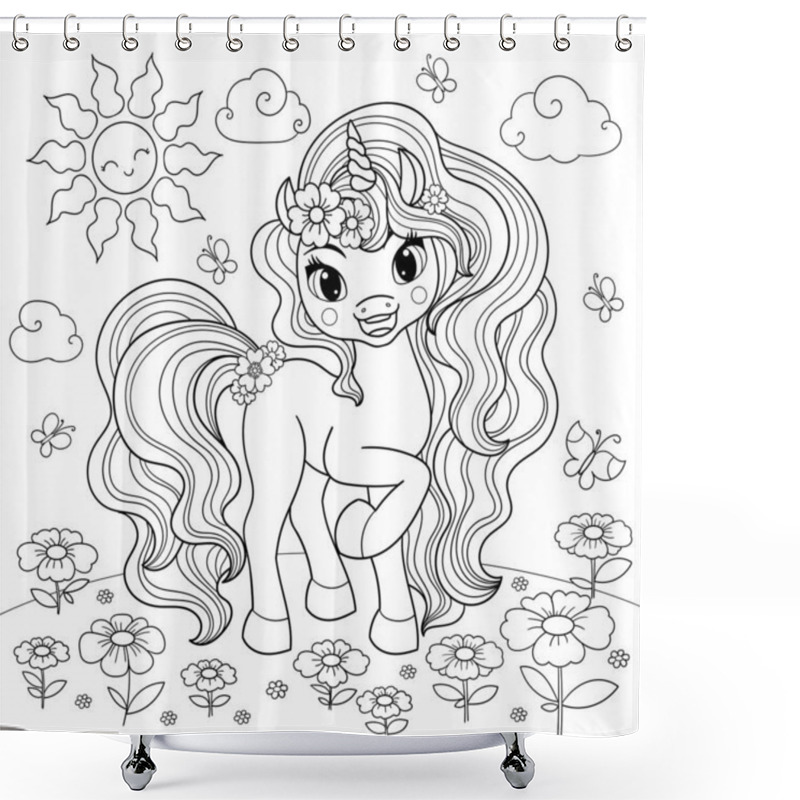 Personality  Cute Cartoon Unicorn On A Summer, Flowering Meadow. Black And White Linear Image. For The Design Of Coloring Books, Prints, Posters, Stickers, Cards, Tattoos, Puzzles And So On. Vector Shower Curtains