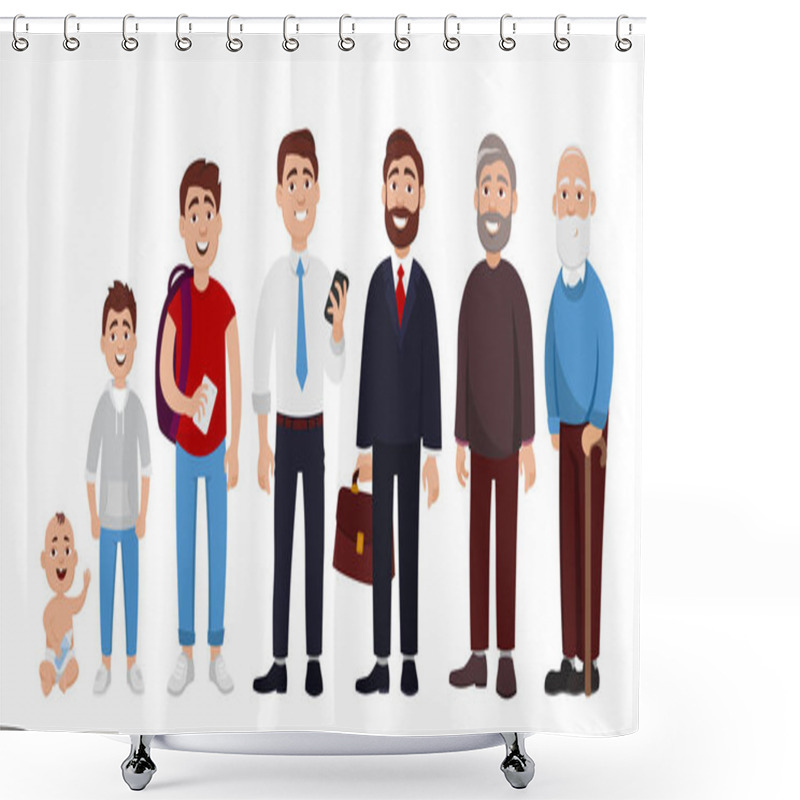 Personality  Life Cycle Of Man From Childhood To Old Age Vector Flat Illustration. Cheerful Cute Cartoon Characters Isolated On White Background For Infographic Design And Web Graphic. Shower Curtains