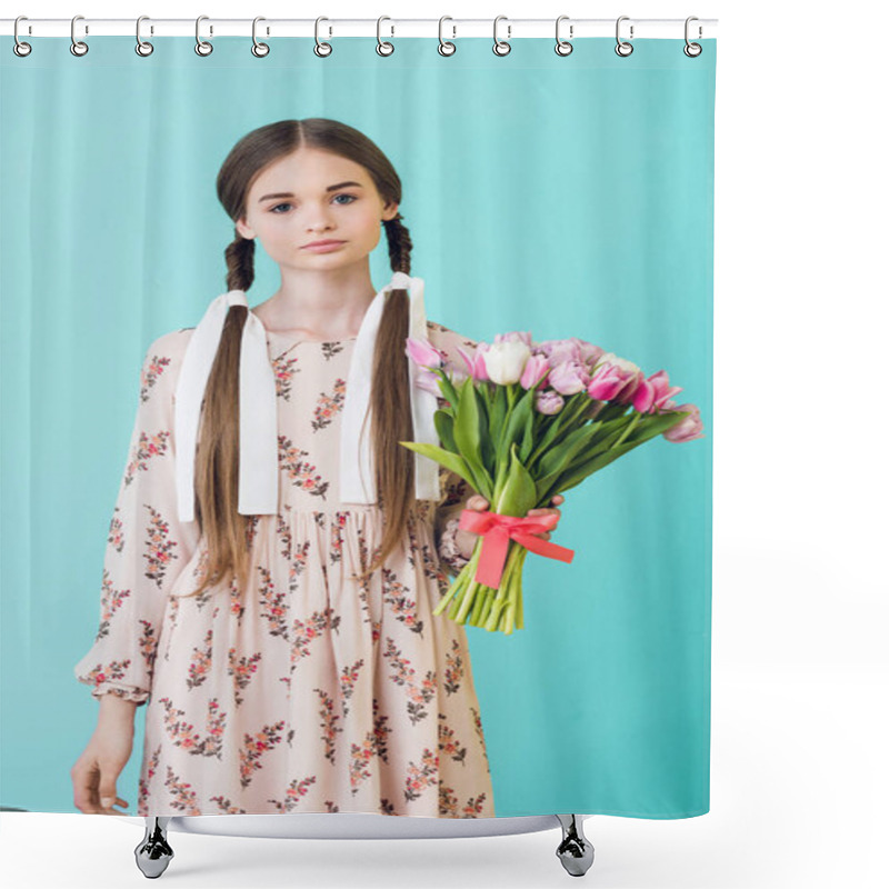 Personality  Stylish Teen Girl With Braids In Summer Dress Holding Bouquet Of Tulips, Isolated On Blue Shower Curtains