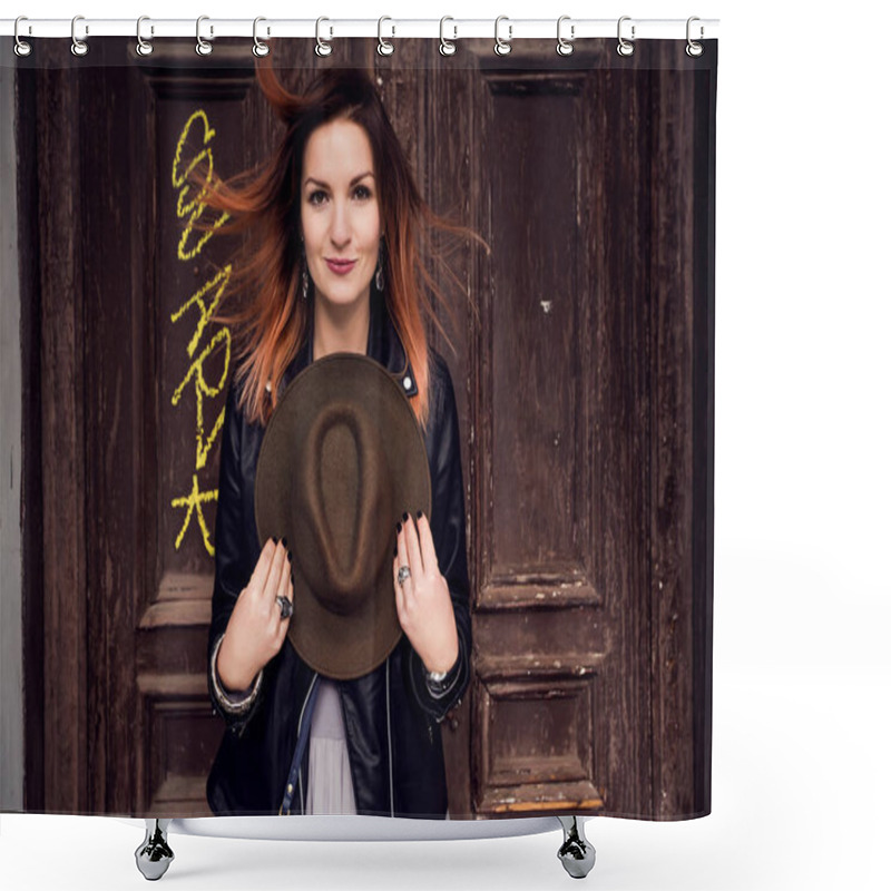 Personality  Young Beautiful Woman Standing Holding Hat On Background Of Wooden Door Shower Curtains