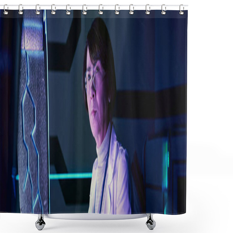 Personality  Future Science, Serious Middle Aged Woman Scientist In Futuristic Neon-lit Technology Hub, Banner Shower Curtains