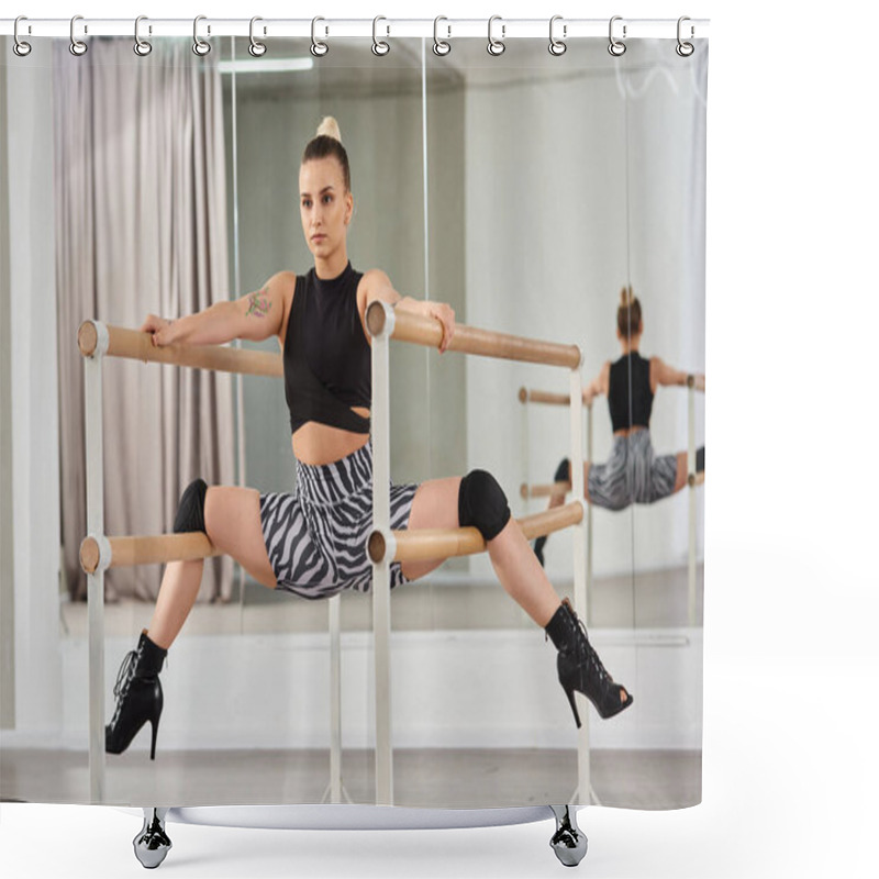 Personality  A Graceful Woman Balances On The Bar, Showcasing Athletic Physique In High Heels And Zebra Shorts Shower Curtains