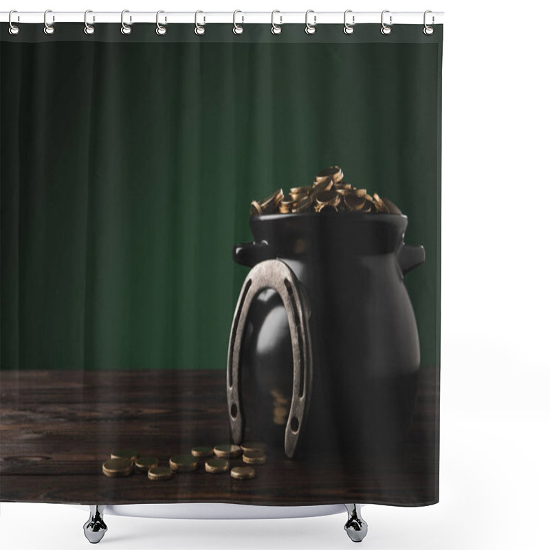 Personality  Pot With Golden Coins And Horseshoe On Table, St Patricks Day Concept Shower Curtains