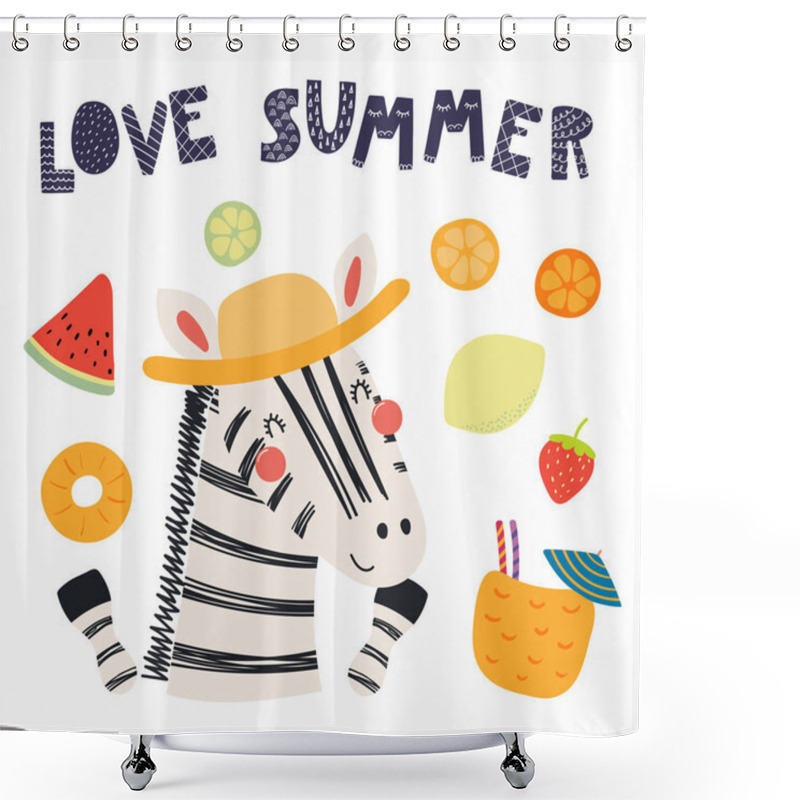 Personality  Hand Drawn In Scandinavian Style Of Cute Funny Zebra In Straw Hat With Summer Elements And  Lettering Quote Love Summer, Vector, Illustration Shower Curtains