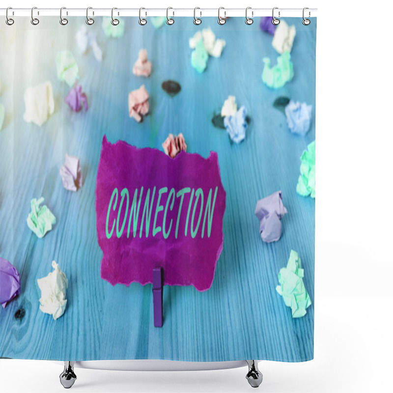 Personality  Text Sign Showing Connection. Conceptual Photo Relationship In Which An Individual, Thing Is Linked To Something Else Colored Crumpled Rectangle Shaped Reminder Paper Light Blue Background. Shower Curtains