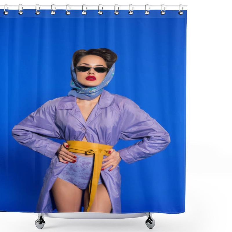 Personality  Portrait Of Stylish Woman In Retro Clothing And Sunglasses Standing Akimbo Isolated On Blue Shower Curtains